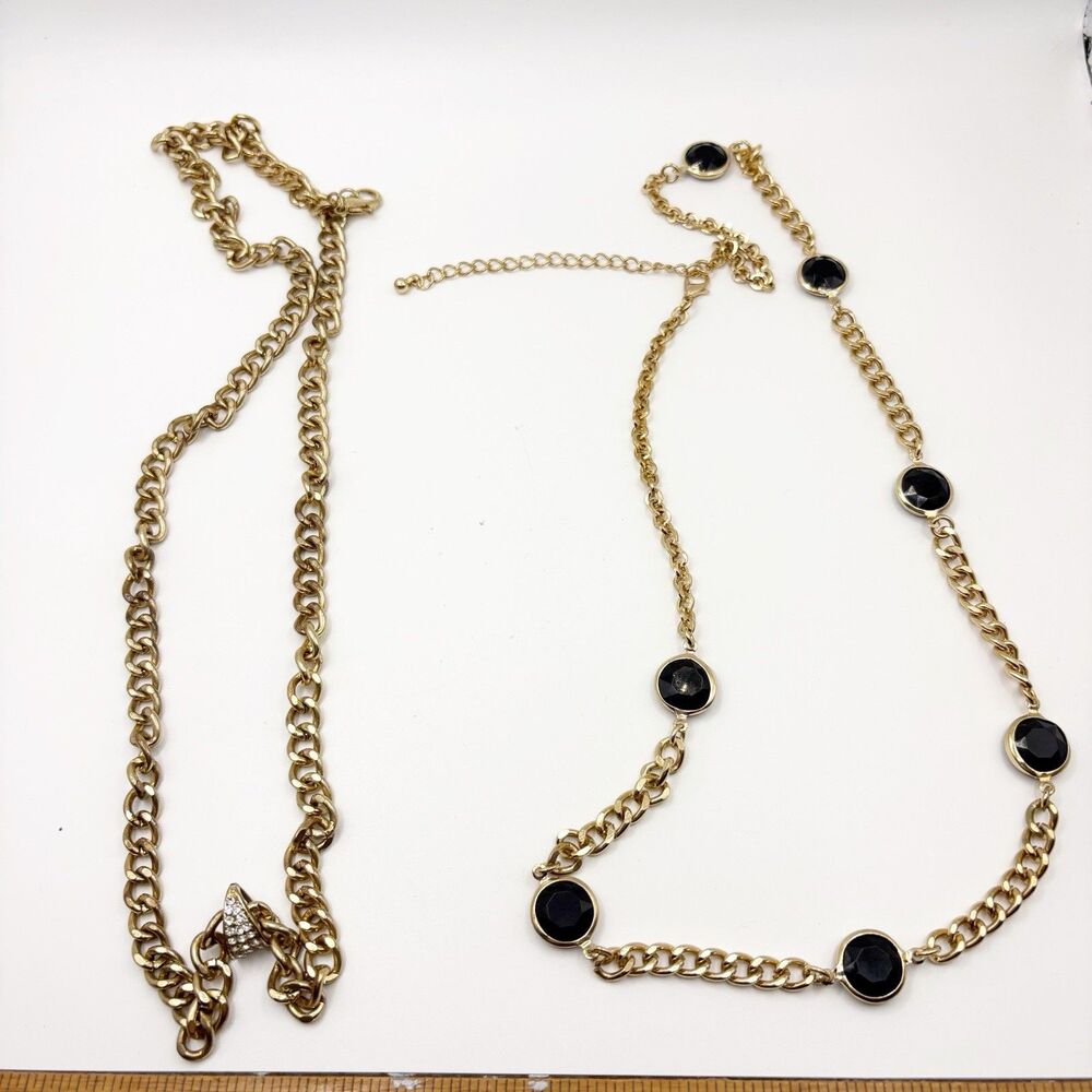 Gold Tone Chain Necklace Lot (2) Black Bezel Set Flat Beads Rhinestone Pendant